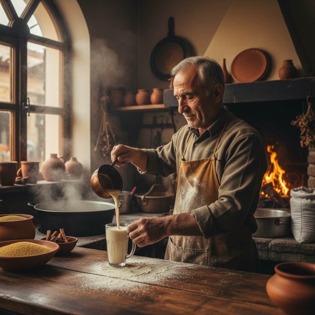 Boza ustası Kerim Dağlar, tahta kaşıkla kazanı karıştırırken